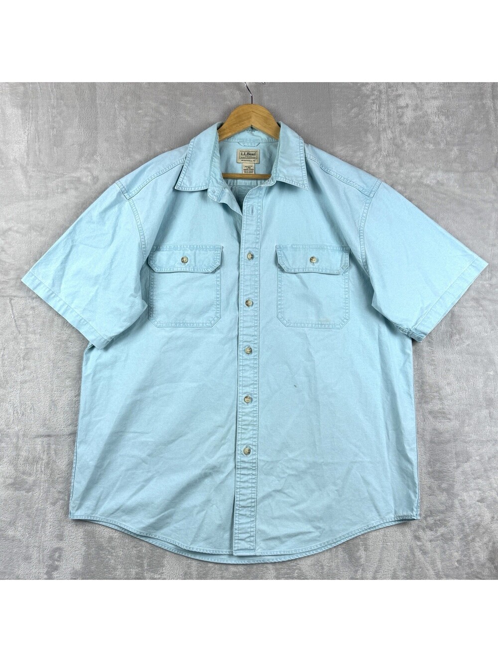 L.L.Bean Sunwashed Traditional Fit SS Button Up Shirt Blue Cotton Men's L Retro